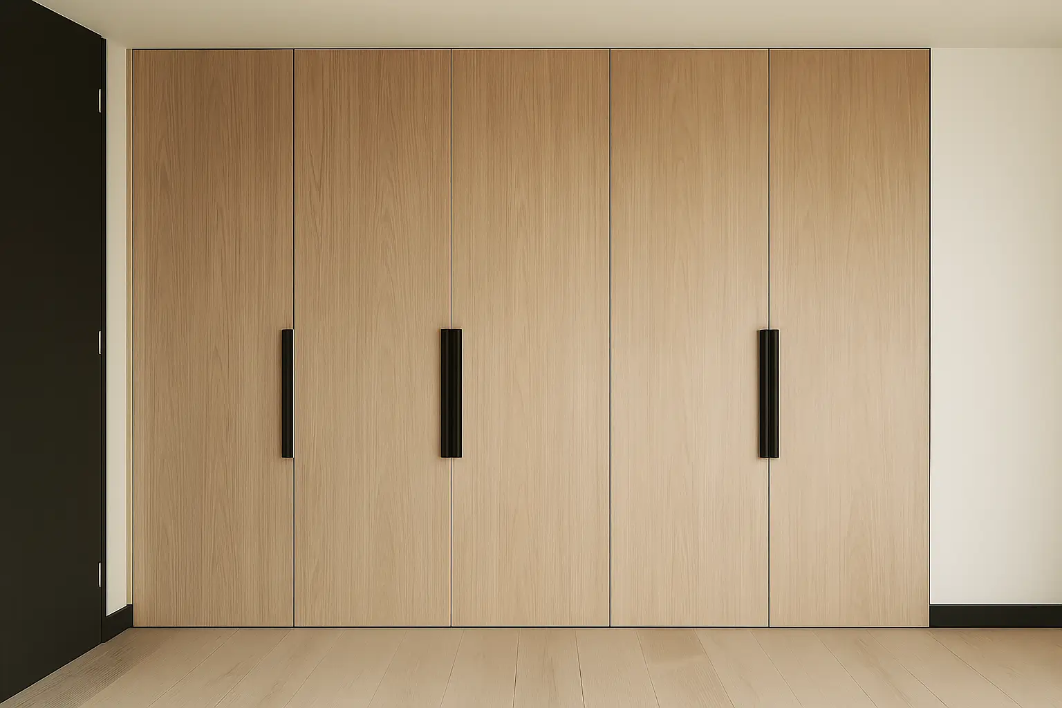 closet-empotrado-melamina-madera-clara-tiradores-negros-chile empotrado moderno en melamina madera clara con tiradores negros, diseño funcional y elegante de Style Muebles en Chile