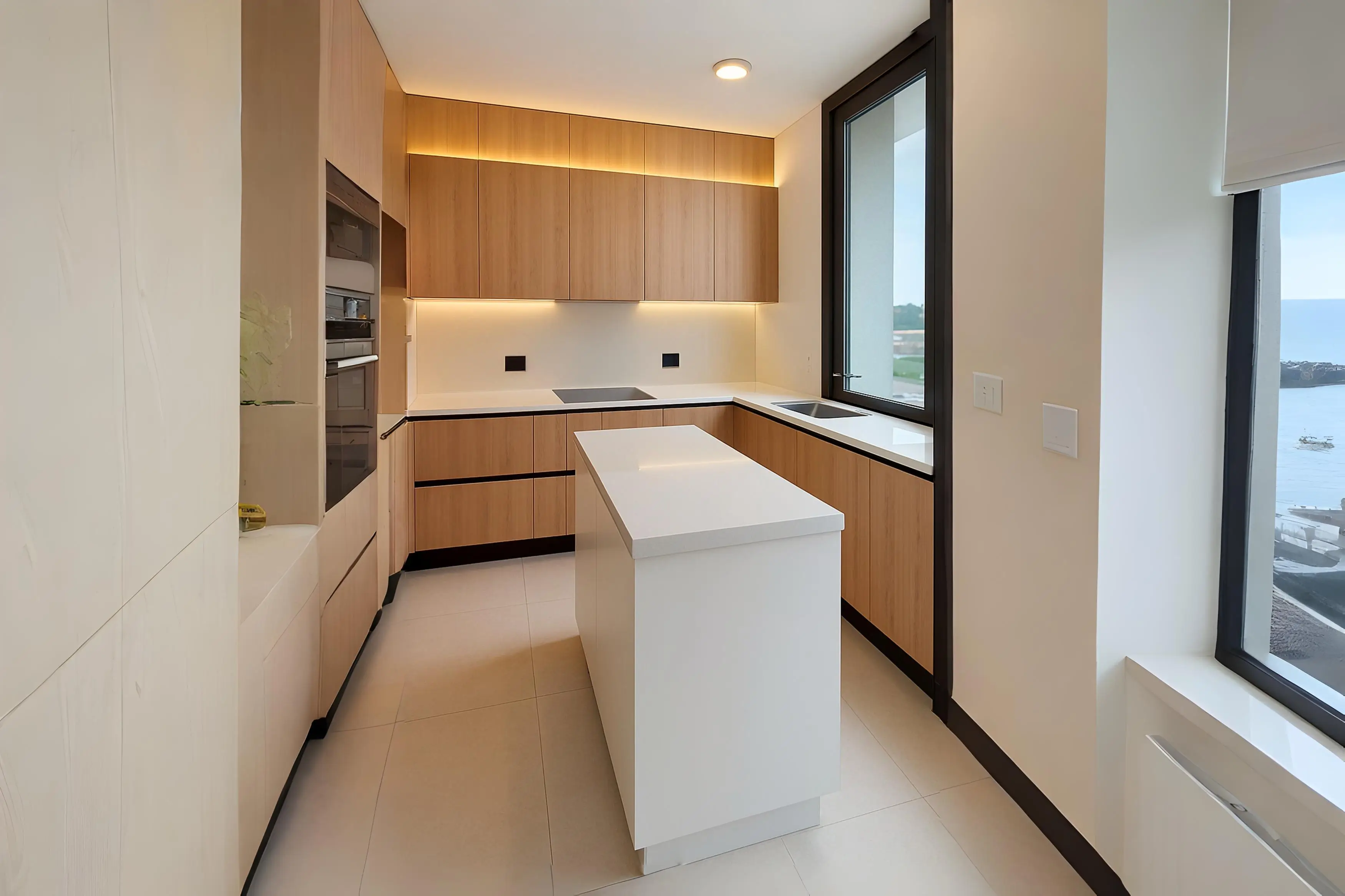 Cocina moderna fabricada en melamina en Chile con gabinetes de madera clara, cubierta de cuarzo blanco e iluminación LED bajo muebles superiores