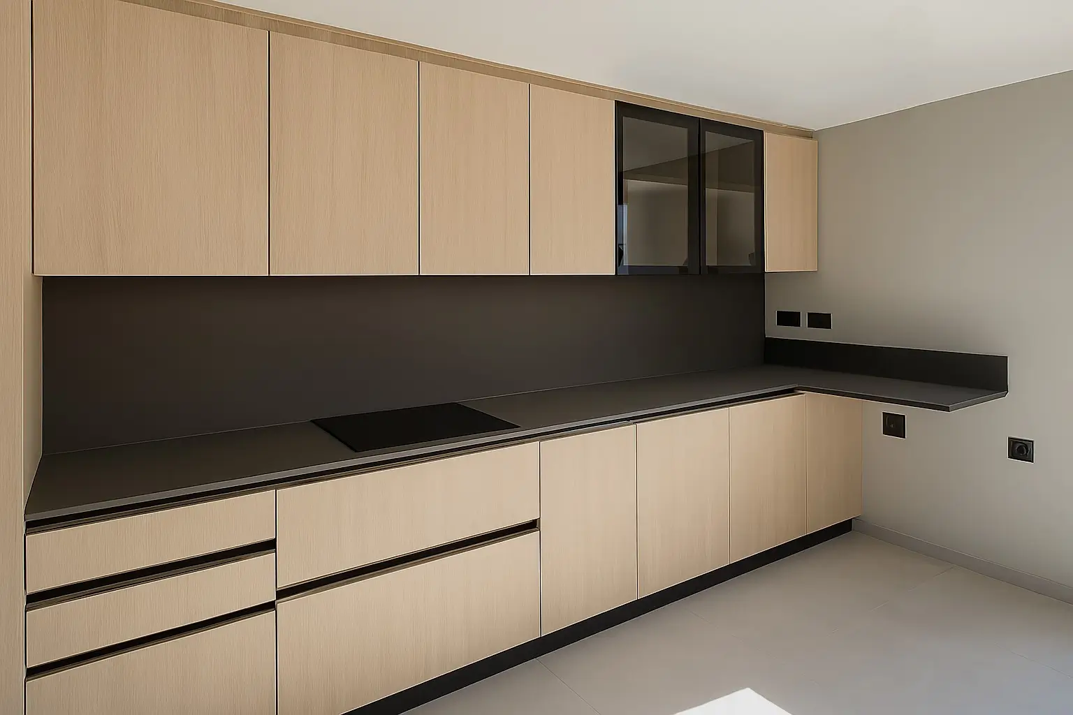 Cocina moderna fabricada en melamina en Chile con gabinetes de madera clara, cubierta de cuarzo oscuro y muebles superiores con puertas de vidrio, estilo minimalista