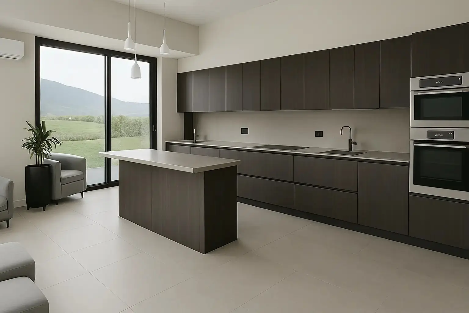 Cocina moderna con isla central, melamina oscura, cubierta clara y puerta corrediza con vista natural, diseño exclusivo de Style Muebles en Perú