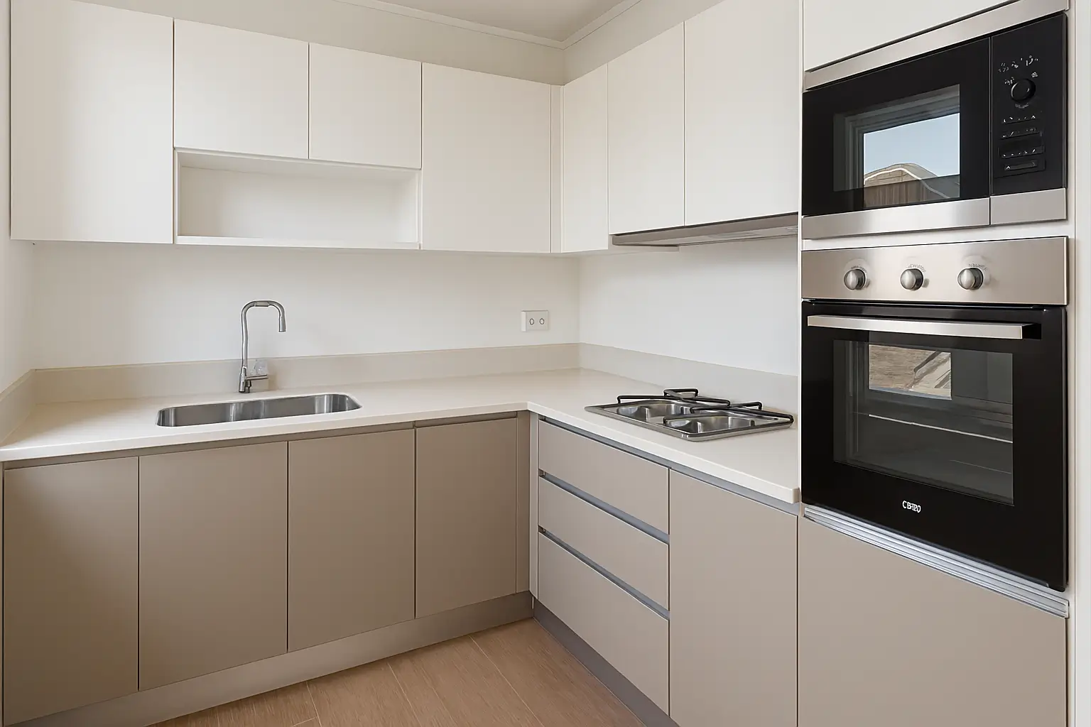 Cocina moderna en melamina beige y blanco con encimera de cuarzo, horno empotrado y lavaplatos de acero inoxidable, diseñada por Style Muebles