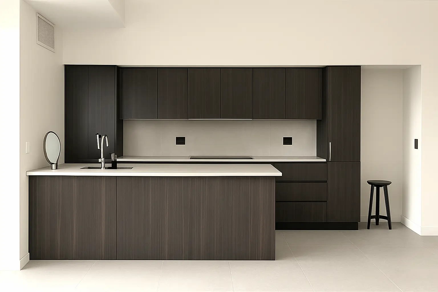 Cocina moderna con melamina oscura, cubierta clara tipo cuarzo, iluminación LED y diseño funcional, proyecto exclusivo de Style Muebles en Chile y Perú