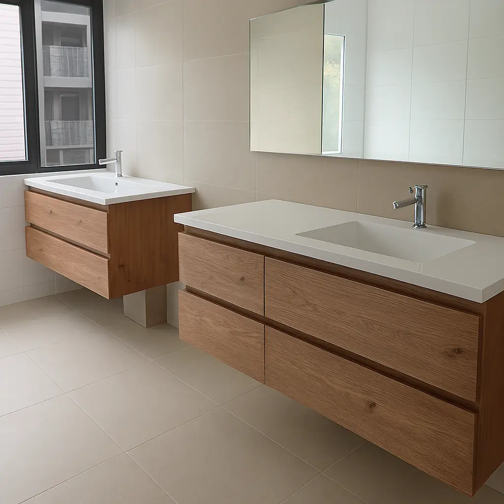 Vanitorio doble moderno fabricado en melamina en Chile con cajones de madera natural, cubierta de cuarzo blanco y revestimiento beige con luz natural